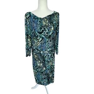 David Meister Snake Print Ruched Midi Sheath Dress Sz 16 Timeless Unique Chic
